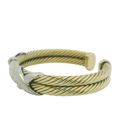 David Yurman 14K Yellow Gold 2-Row Cable & Sterling Silver X Cuff Bracelet