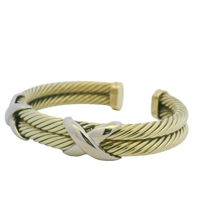 David Yurman 14K Yellow Gold 2-Row Cable & Sterling Silver X Cuff Bracelet