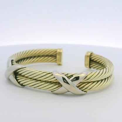 David Yurman 14K Yellow Gold 2-Row Cable & Sterling Silver X Cuff Bracelet
