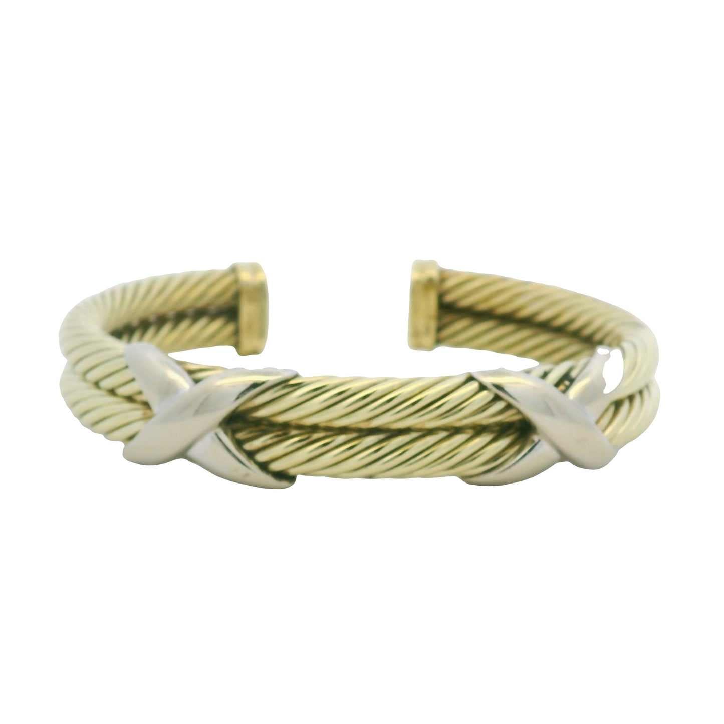 David Yurman 14K Yellow Gold 2-Row Cable & Sterling Silver X Cuff Bracelet