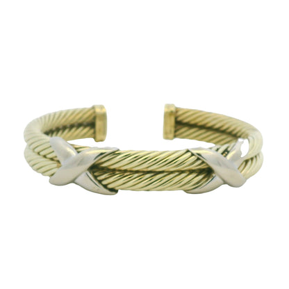 David Yurman 14K Yellow Gold 2-Row Cable & Sterling Silver X Cuff Bracelet