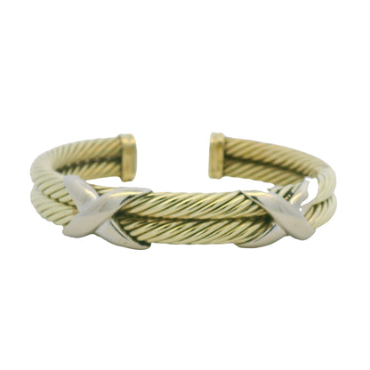 David Yurman 14K Yellow Gold 2-Row Cable & Sterling Silver X Cuff Bracelet