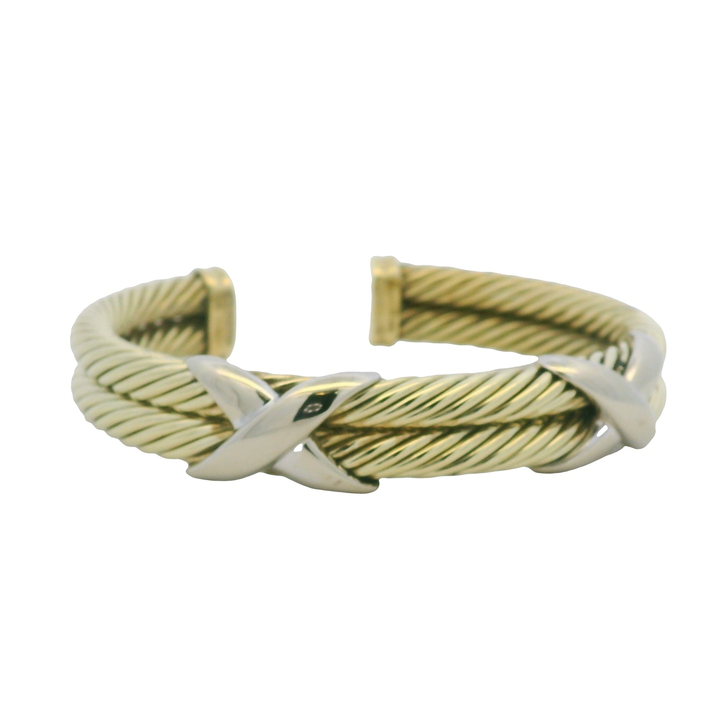 David Yurman 14K Yellow Gold 2-Row Cable & Sterling Silver X Cuff Bracelet