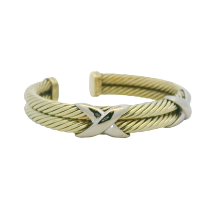 David Yurman 14K Yellow Gold 2-Row Cable & Sterling Silver X Cuff Bracelet