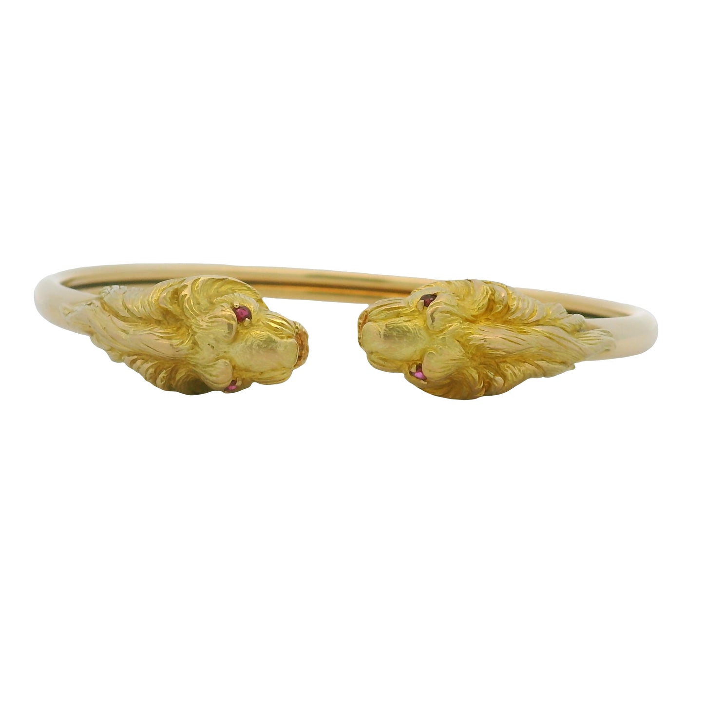 18K Yellow Gold Double Lion Head & Ruby Eye Bangle Cuff Bracelet