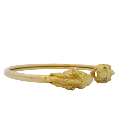 18K Yellow Gold Double Lion Head & Ruby Eye Bangle Cuff Bracelet