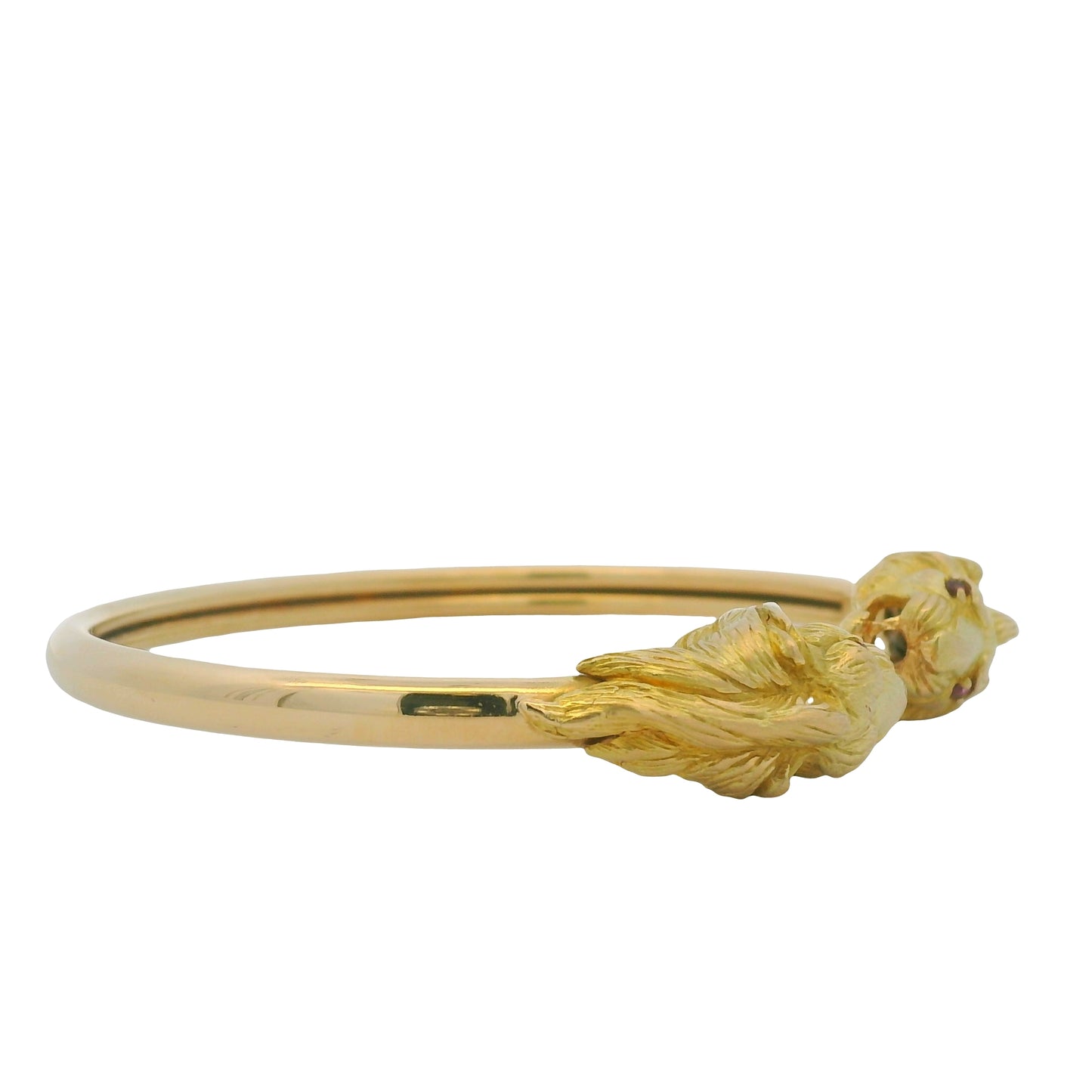18K Yellow Gold Double Lion Head & Ruby Eye Bangle Cuff Bracelet