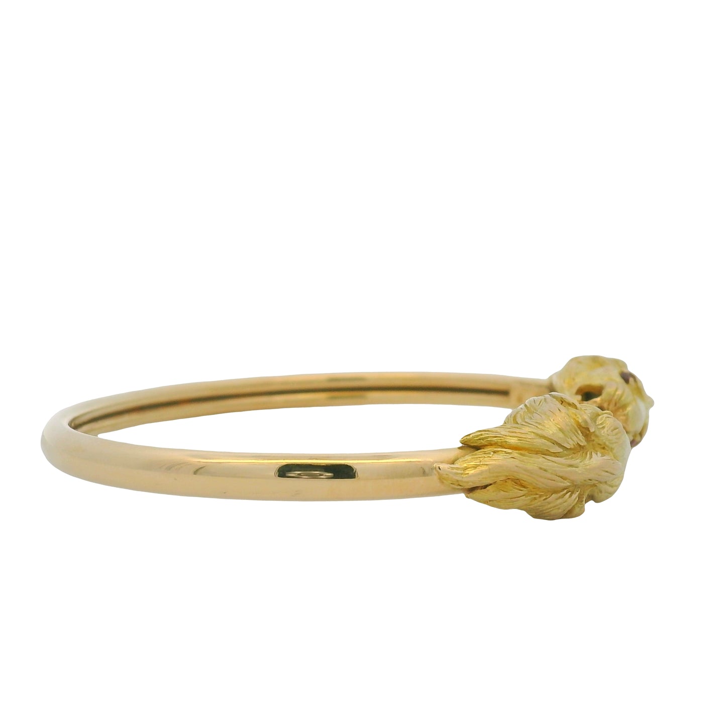 18K Yellow Gold Double Lion Head & Ruby Eye Bangle Cuff Bracelet