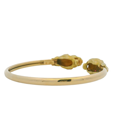 18K Yellow Gold Double Lion Head & Ruby Eye Bangle Cuff Bracelet