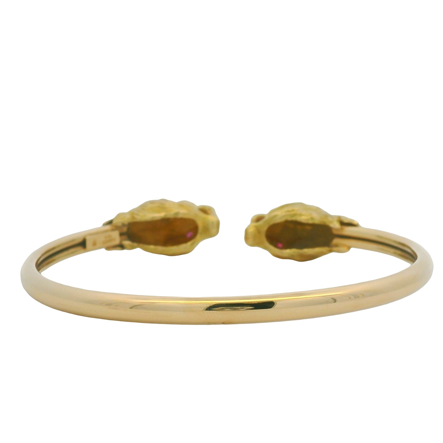 18K Yellow Gold Double Lion Head & Ruby Eye Bangle Cuff Bracelet
