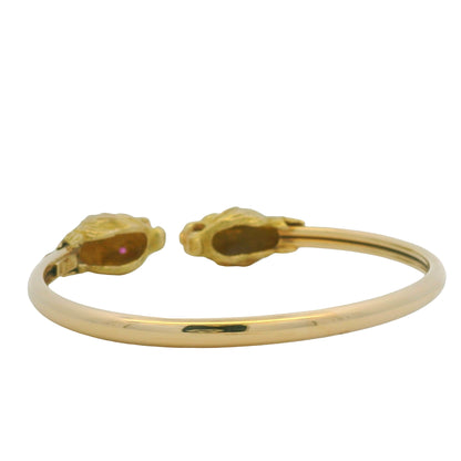 18K Yellow Gold Double Lion Head & Ruby Eye Bangle Cuff Bracelet