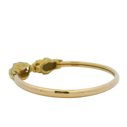 18K Yellow Gold Double Lion Head & Ruby Eye Bangle Cuff Bracelet