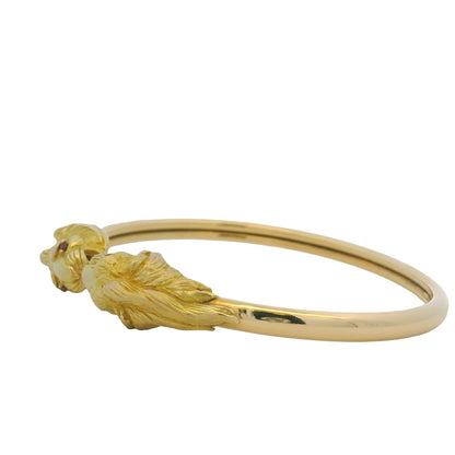 18K Yellow Gold Double Lion Head & Ruby Eye Bangle Cuff Bracelet