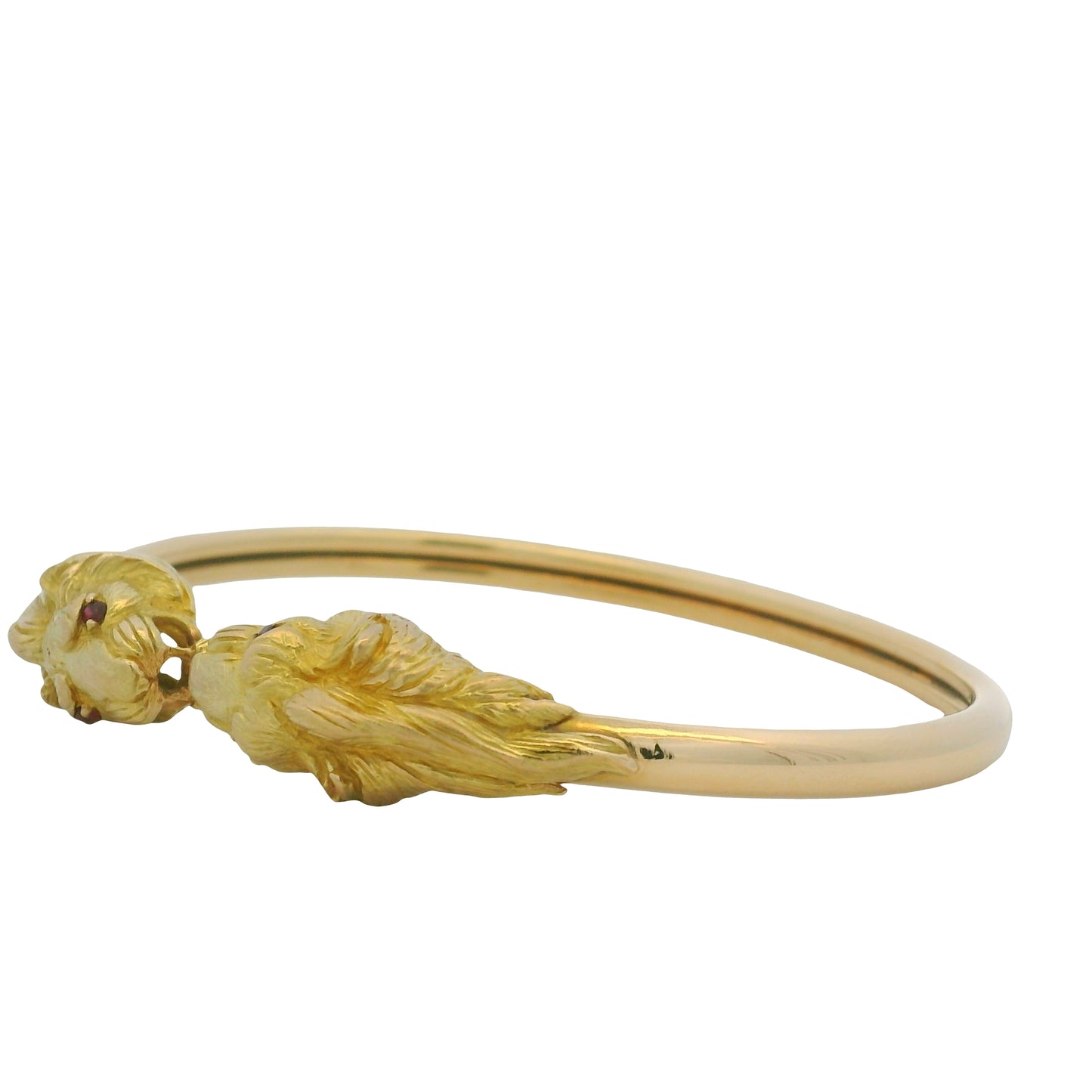 18K Yellow Gold Double Lion Head & Ruby Eye Bangle Cuff Bracelet