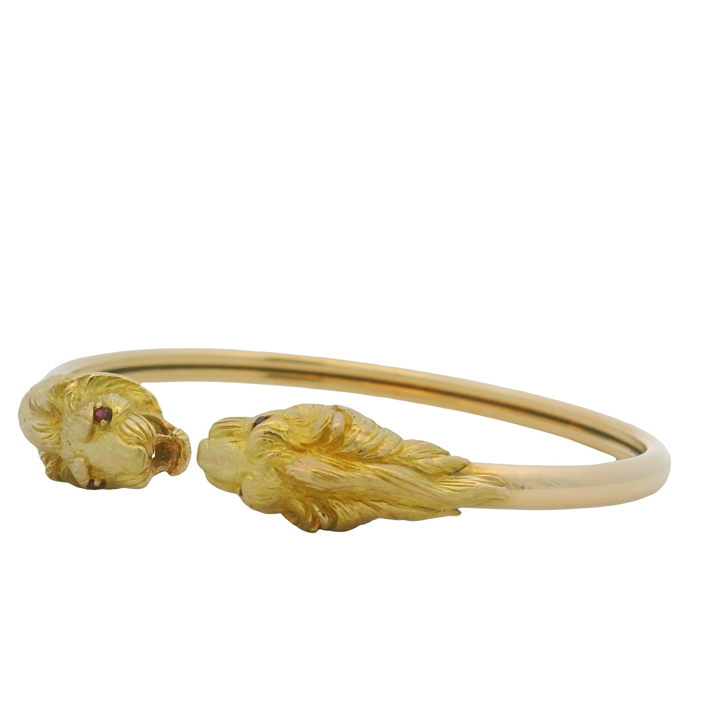 18K Yellow Gold Double Lion Head & Ruby Eye Bangle Cuff Bracelet