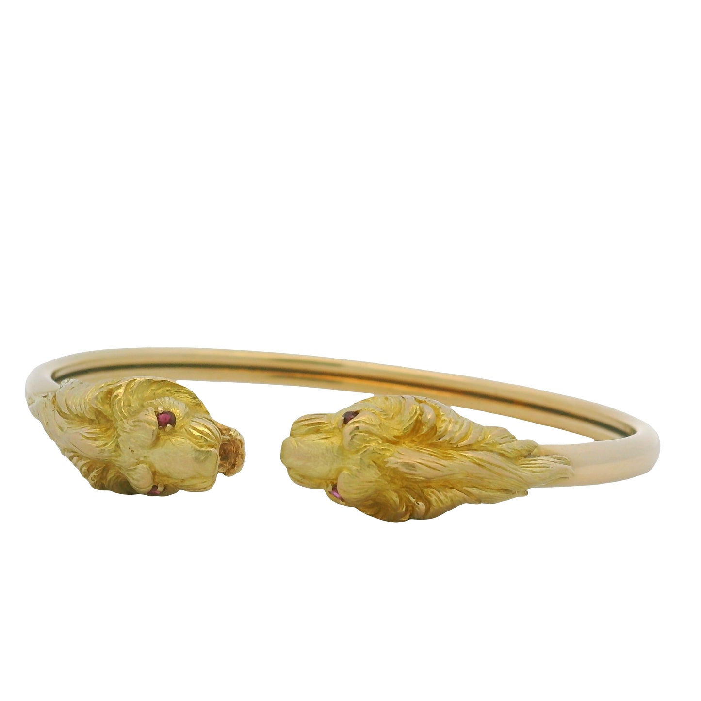 18K Yellow Gold Double Lion Head & Ruby Eye Bangle Cuff Bracelet