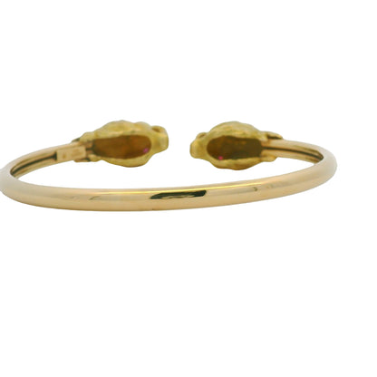 18K Yellow Gold Double Lion Head & Ruby Eye Bangle Cuff Bracelet