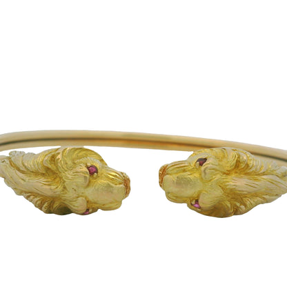 18K Yellow Gold Double Lion Head & Ruby Eye Bangle Cuff Bracelet