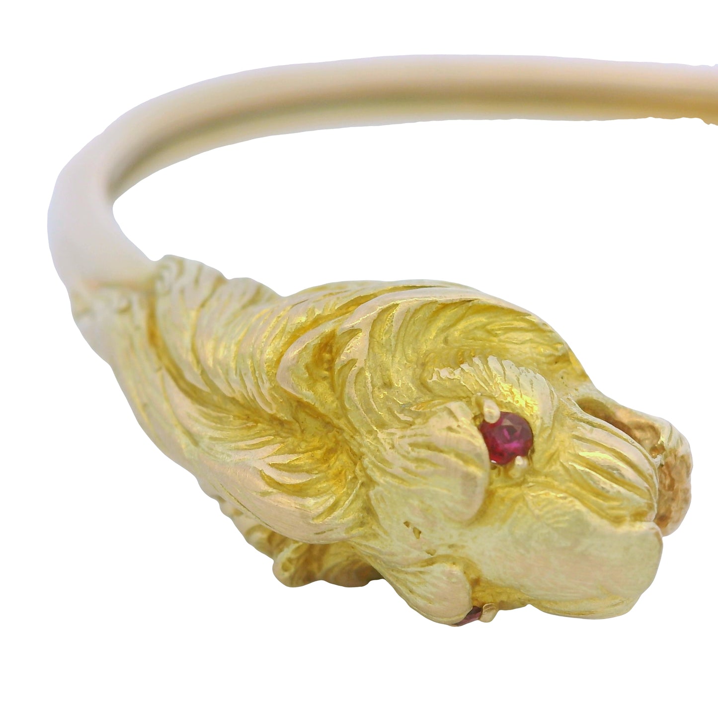 18K Yellow Gold Double Lion Head & Ruby Eye Bangle Cuff Bracelet