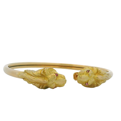 18K Yellow Gold Double Lion Head & Ruby Eye Bangle Cuff Bracelet