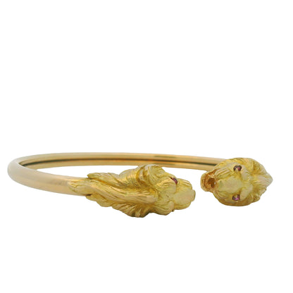18K Yellow Gold Double Lion Head & Ruby Eye Bangle Cuff Bracelet
