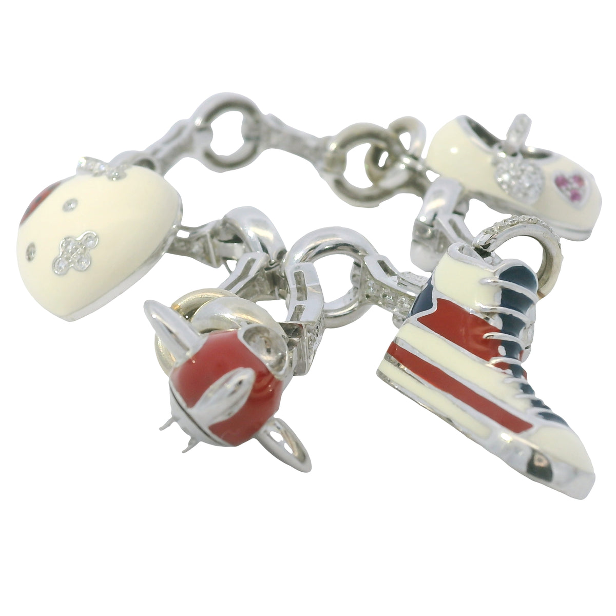 Aaron Basha 18K White Gold Diamond Charm Bracelet Featuring 4 Charms