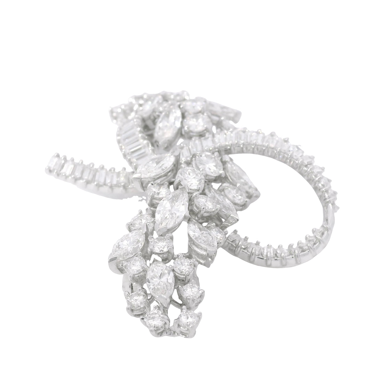 Platinum Natural 10.0 Carat Marquise, Round & Baguette Cut Diamond Brooch