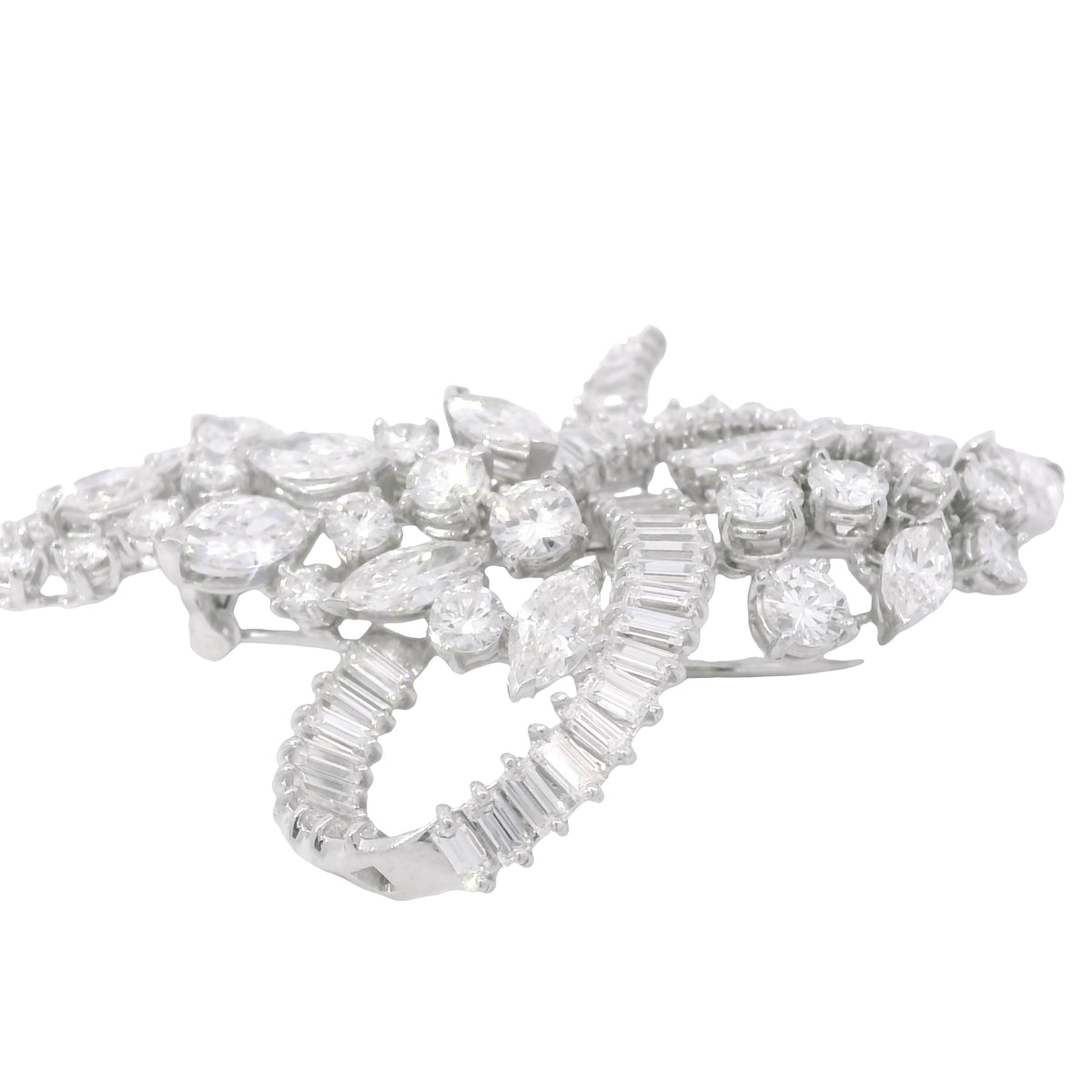 Platinum Natural 10.0 Carat Marquise, Round & Baguette Cut Diamond Brooch
