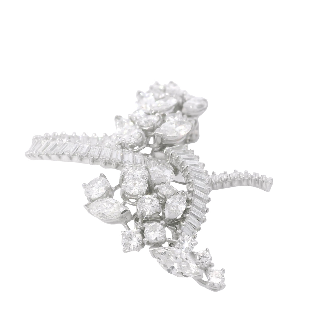Platinum Natural 10.0 Carat Marquise, Round & Baguette Cut Diamond Brooch