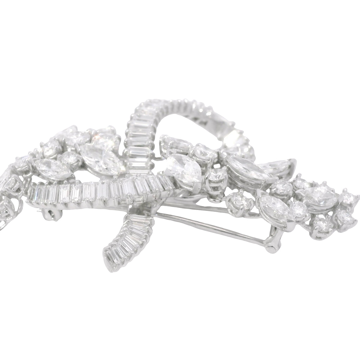 Platinum Natural 10.0 Carat Marquise, Round & Baguette Cut Diamond Brooch