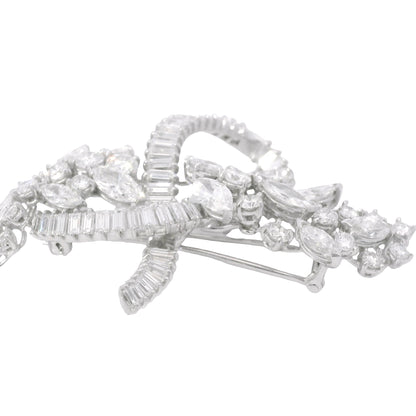 Platinum Natural 10.0 Carat Marquise, Round & Baguette Cut Diamond Brooch