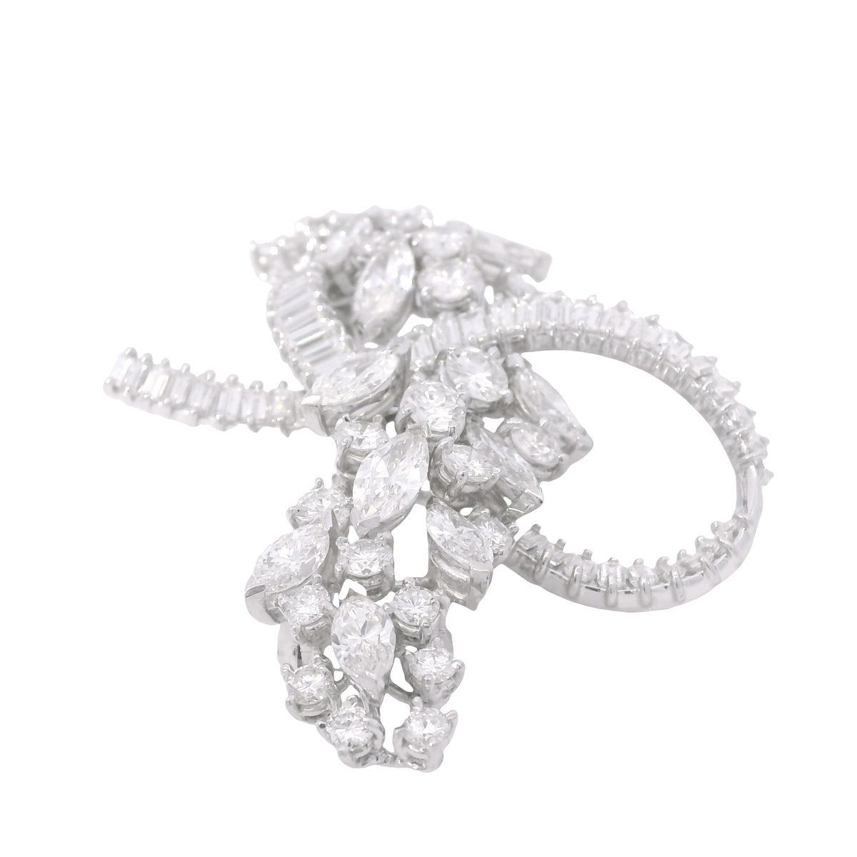 Platinum Natural 10.0 Carat Marquise, Round & Baguette Cut Diamond Brooch