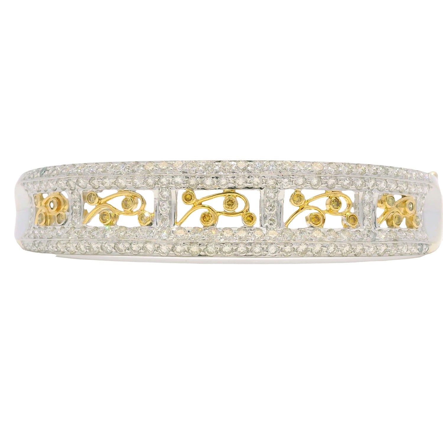 18k Two Tone Gold Natural Diamond Floral Design Bangle Bracelet