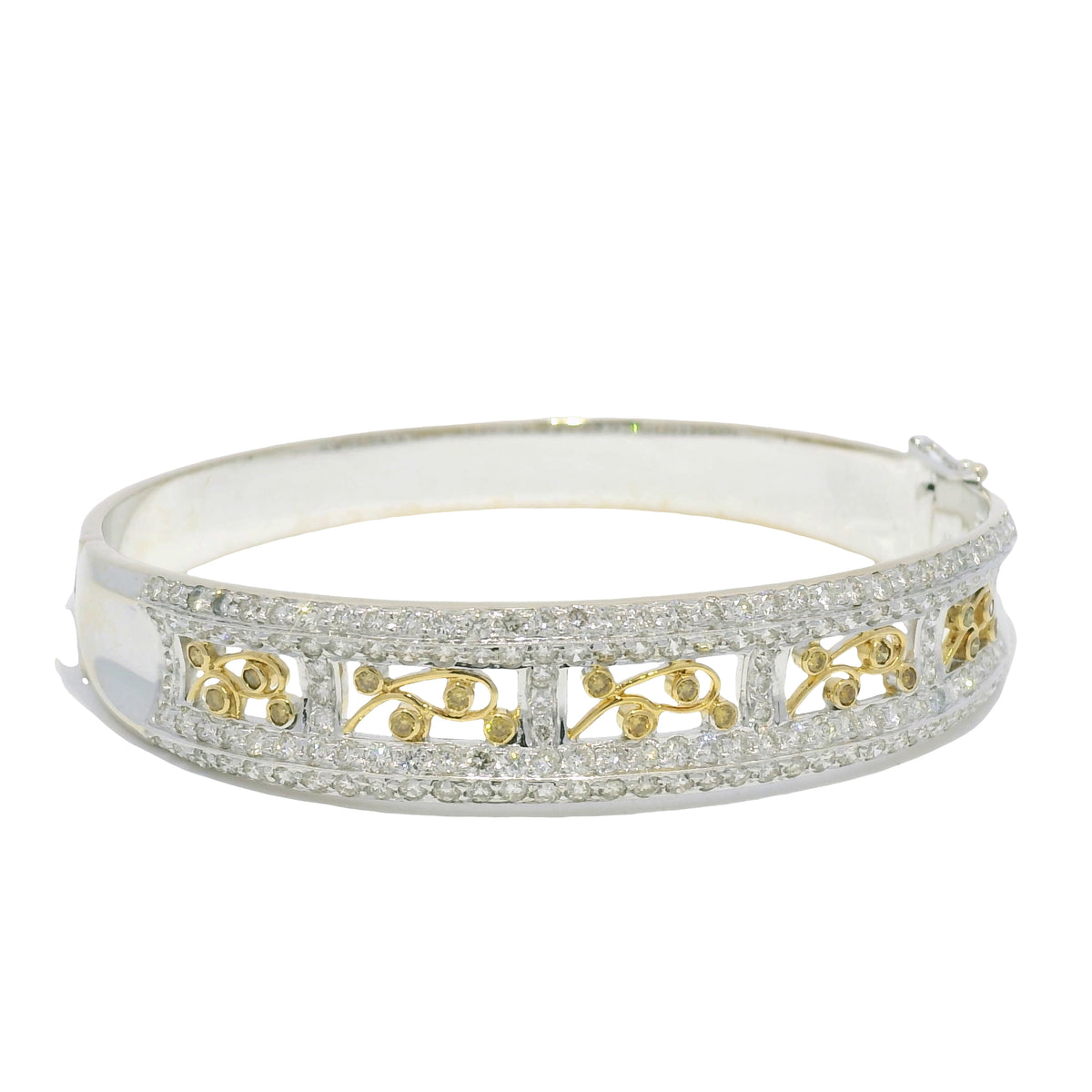 18k Two Tone Gold Natural Diamond Floral Design Bangle Bracelet