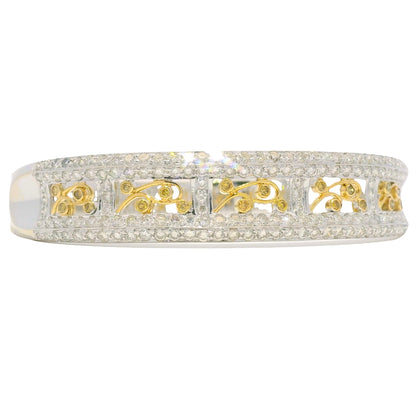 18k Two Tone Gold Natural Diamond Floral Design Bangle Bracelet