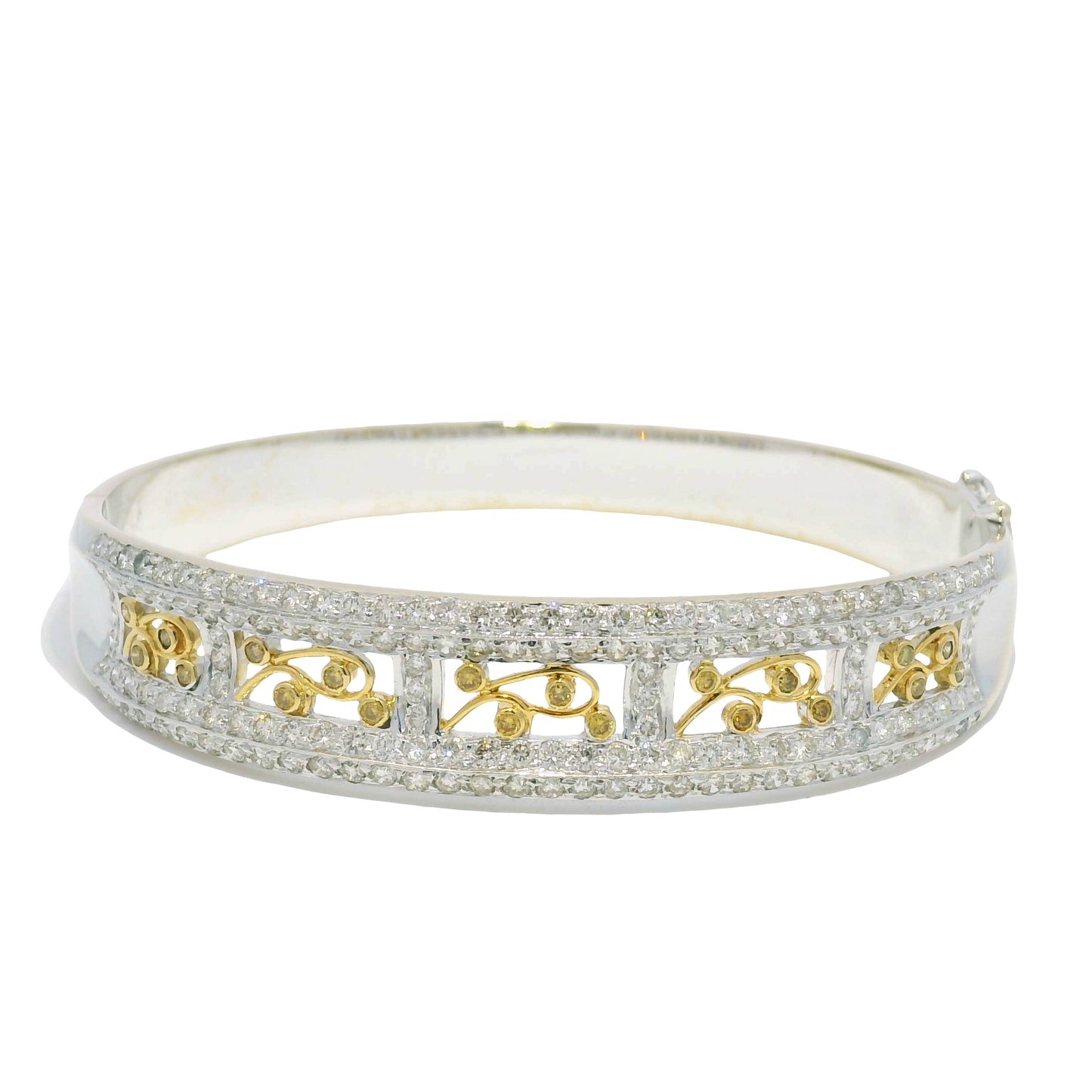 18k Two Tone Gold Natural Diamond Floral Design Bangle Bracelet