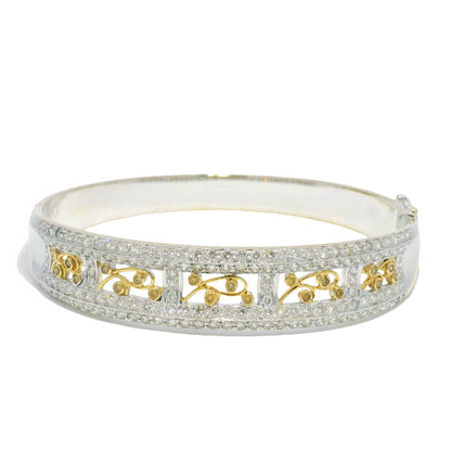 18k Two Tone Gold Natural Diamond Floral Design Bangle Bracelet