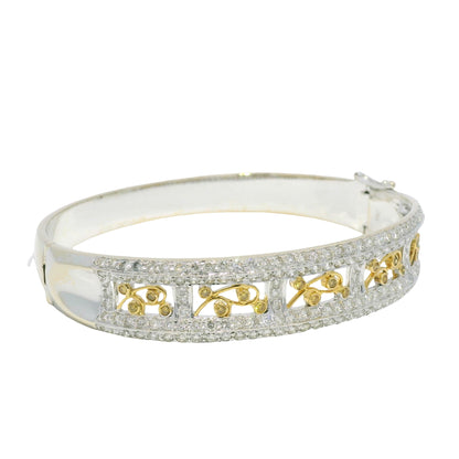 18k Two Tone Gold Natural Diamond Floral Design Bangle Bracelet