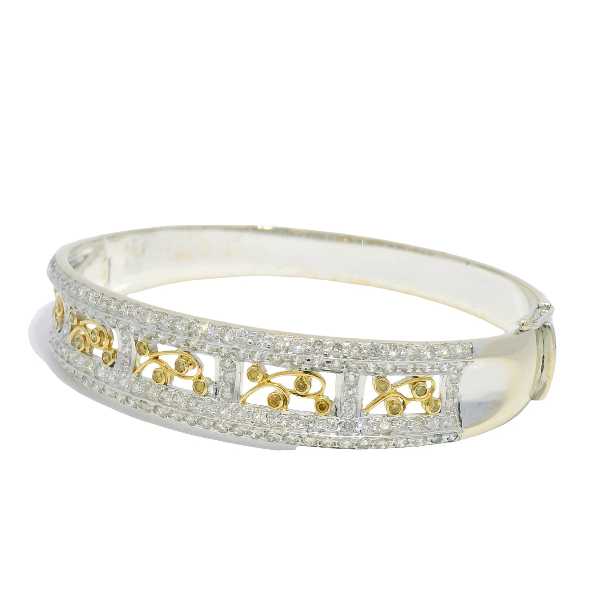 18k Two Tone Gold Natural Diamond Floral Design Bangle Bracelet