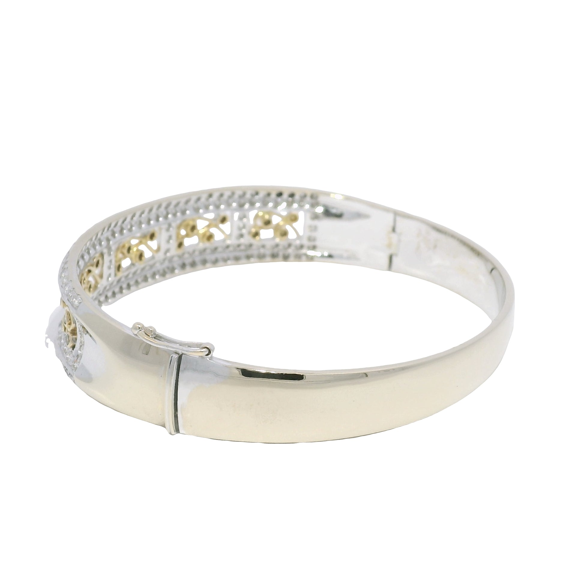 18k Two Tone Gold Natural Diamond Floral Design Bangle Bracelet