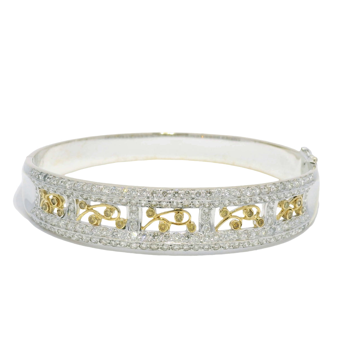 18k Two Tone Gold Natural Diamond Floral Design Bangle Bracelet