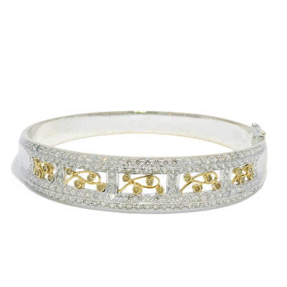 18k Two Tone Gold Natural Diamond Floral Design Bangle Bracelet