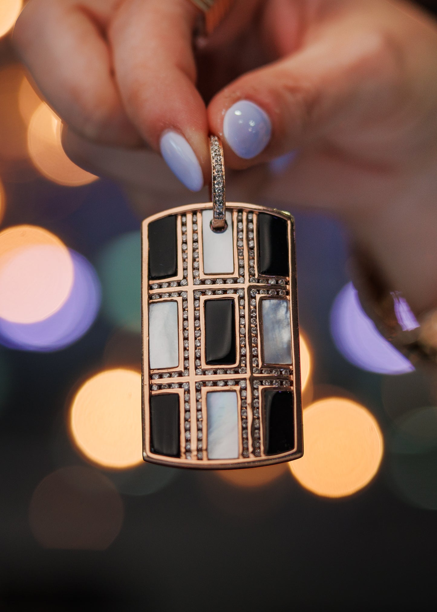 14k Rose Gold Natural Diamond, Onyx, and Mother Of Pearl Dog Tag