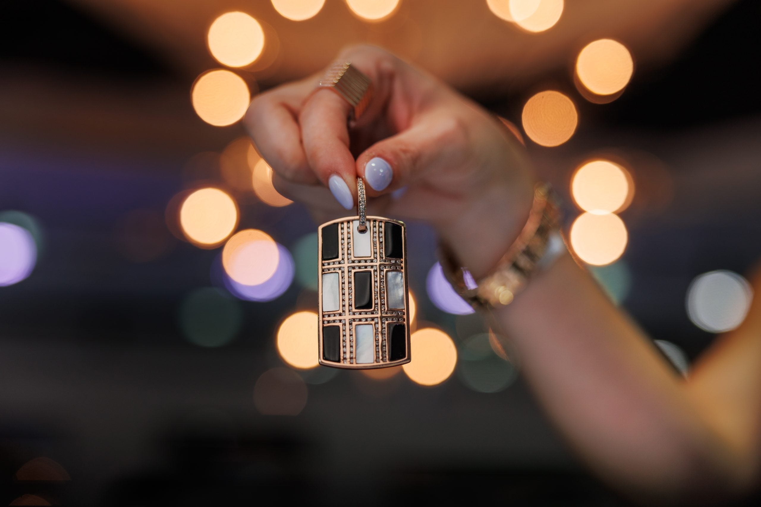 14k Rose Gold Natural Diamond, Onyx, and Mother Of Pearl Dog Tag