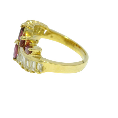 18k Yellow Gold Marquise Cut Ruby & Tapered Baguette Cut Diamond Ring