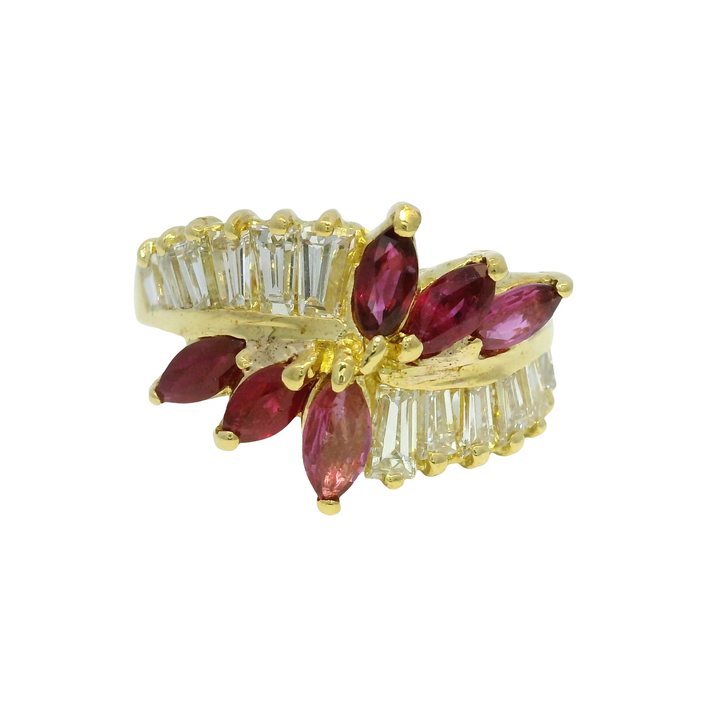18k Yellow Gold Marquise Cut Ruby & Tapered Baguette Cut Diamond Ring