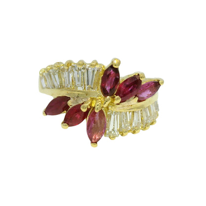 18k Yellow Gold Marquise Cut Ruby & Tapered Baguette Cut Diamond Ring