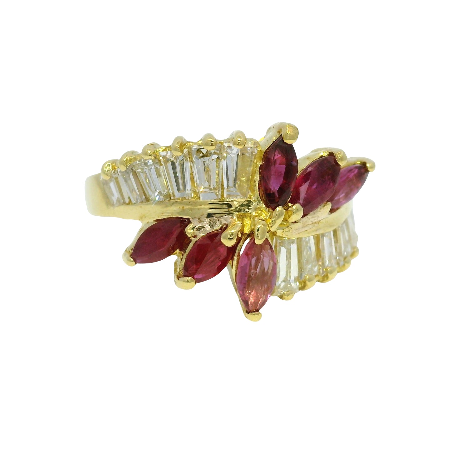 18k Yellow Gold Marquise Cut Ruby & Tapered Baguette Cut Diamond Ring