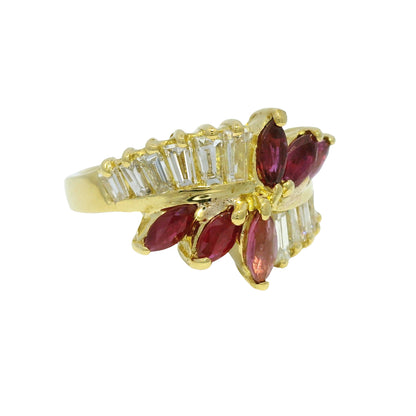 18k Yellow Gold Marquise Cut Ruby & Tapered Baguette Cut Diamond Ring