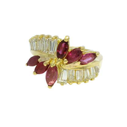 18k Yellow Gold Marquise Cut Ruby & Tapered Baguette Cut Diamond Ring